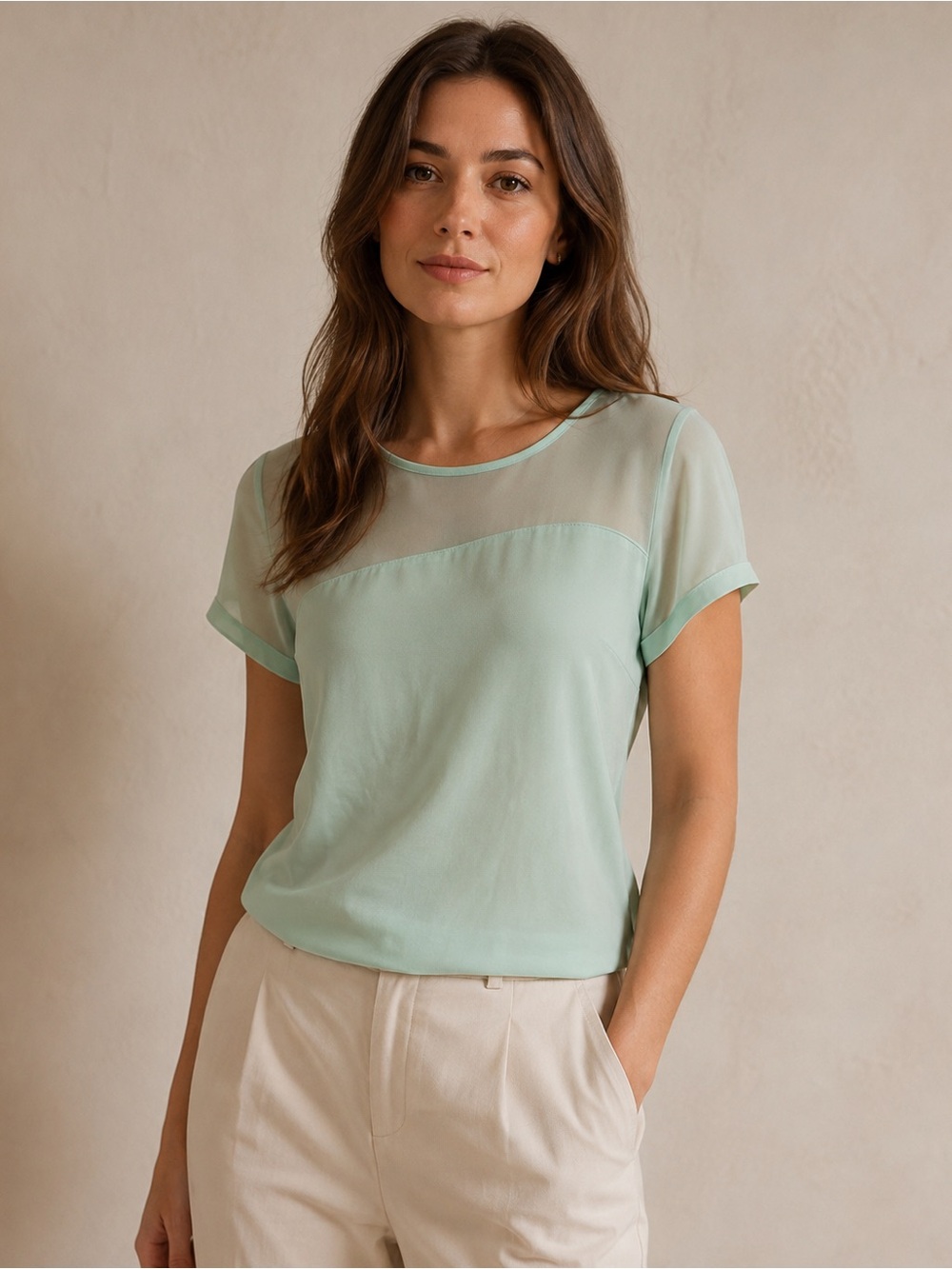 Express Mint Green Sheer Mesh Yoke Short Sleeve Blouse - Size Large NWT